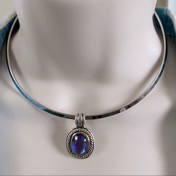 Silver Tone Choker Necklace Blue Stone Pendant - Picture 1 of 4